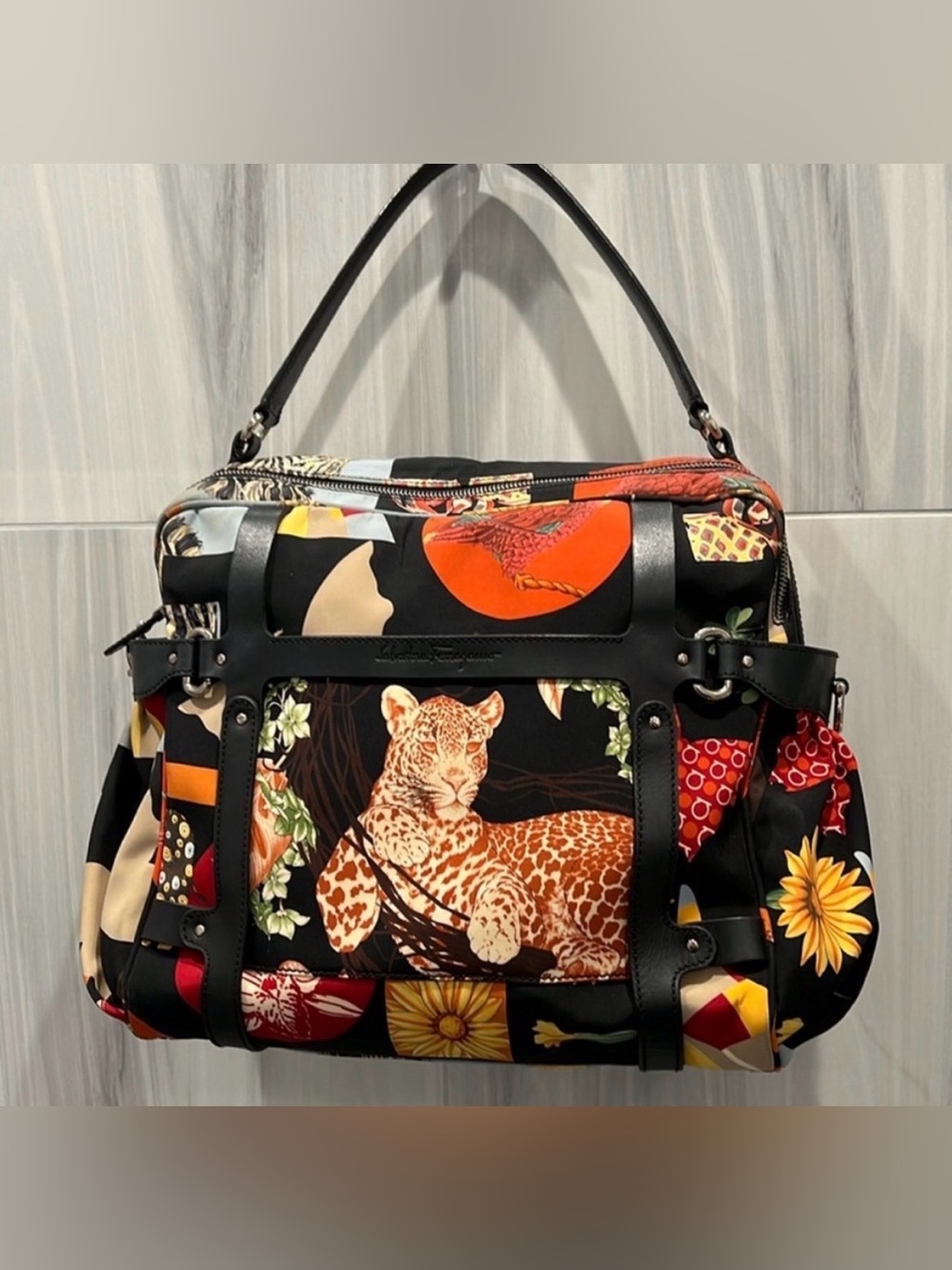 RARE Salvatore Ferragamo Safari Jungle Leopard Zebra Print Satchel Bag Italy